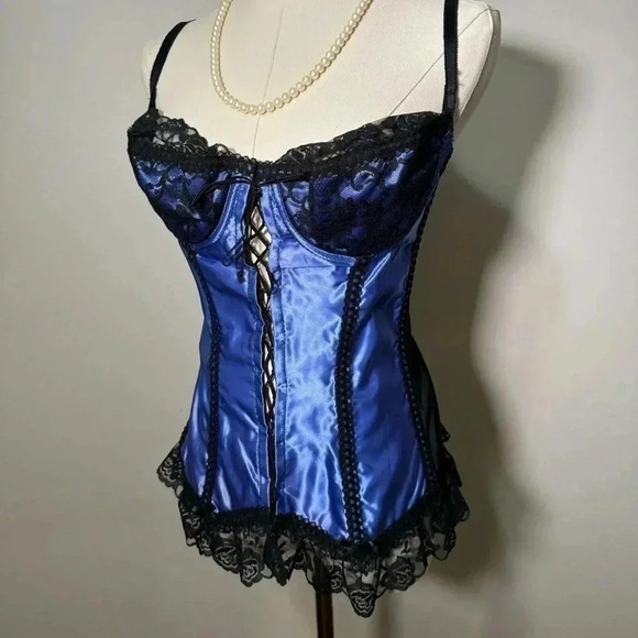 Vintage cobolt blue satin lace corset  34C - Picture 8 of 9